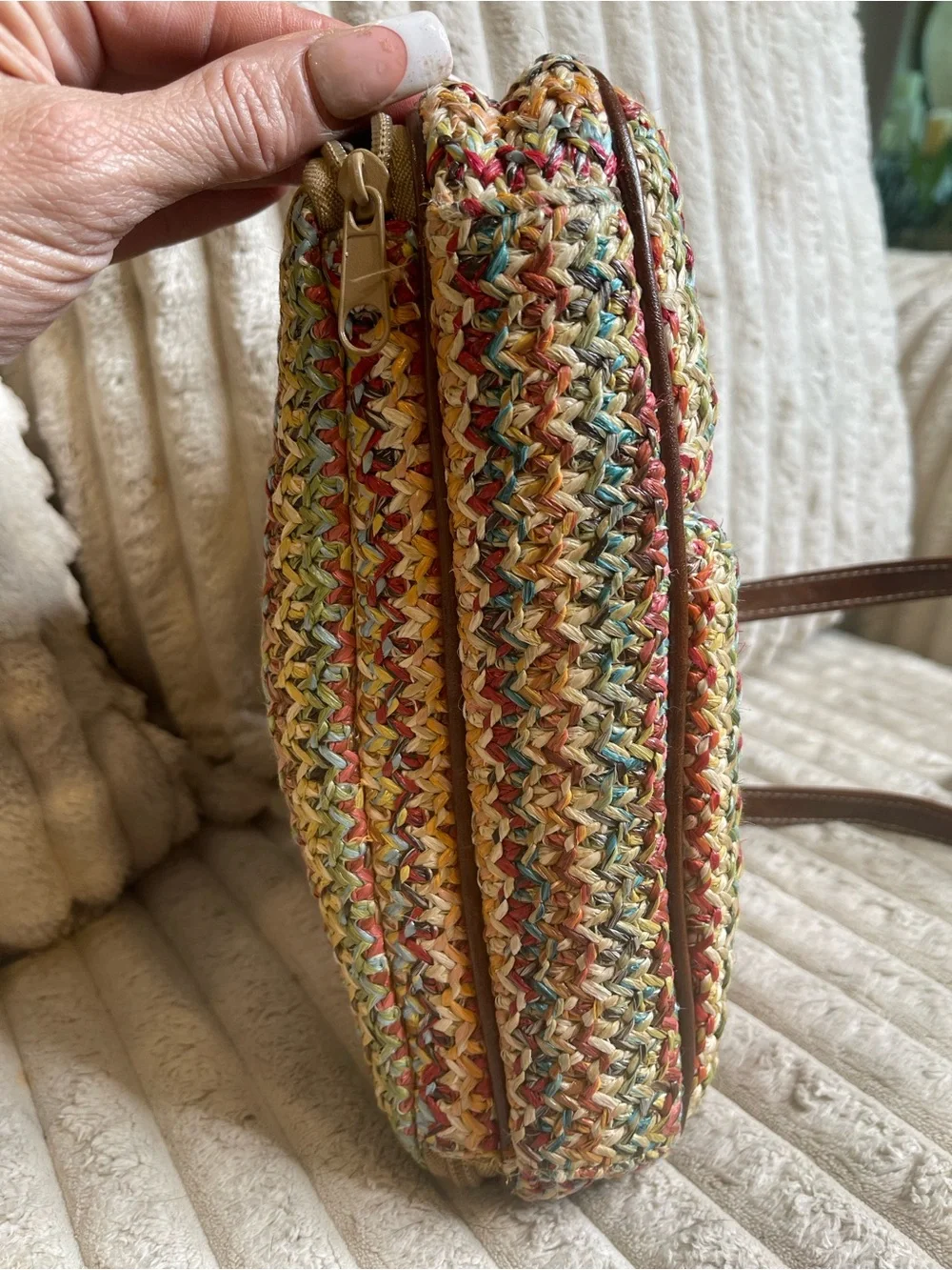 Rosetti Multicolor Woven Straw Crossbody Bag Brown Leather Trim Purse - Picture 6 of 8